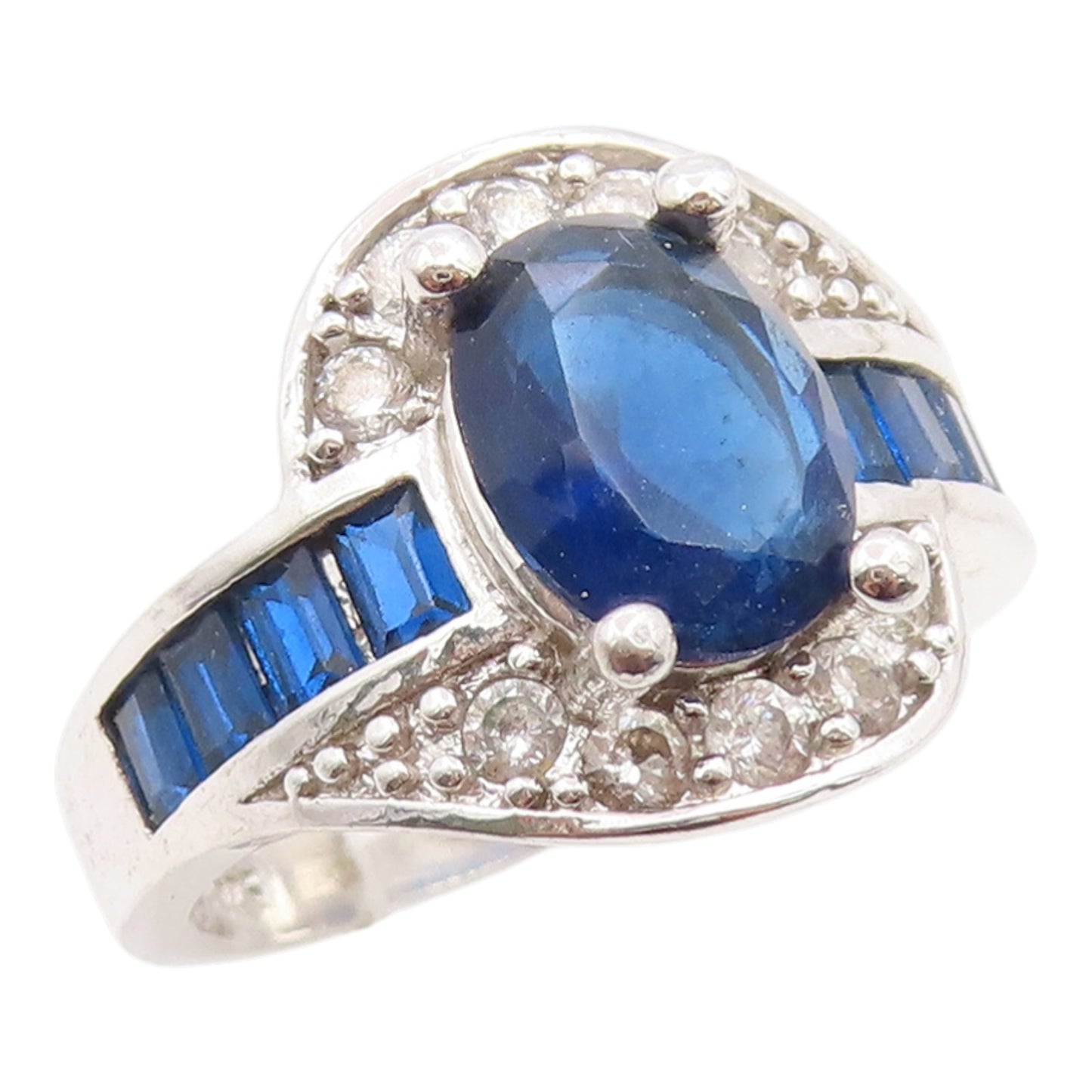 925 Sterling Silver Vintage Ring Sapphire & Topaz Statement Band  Sz 6  RG36239