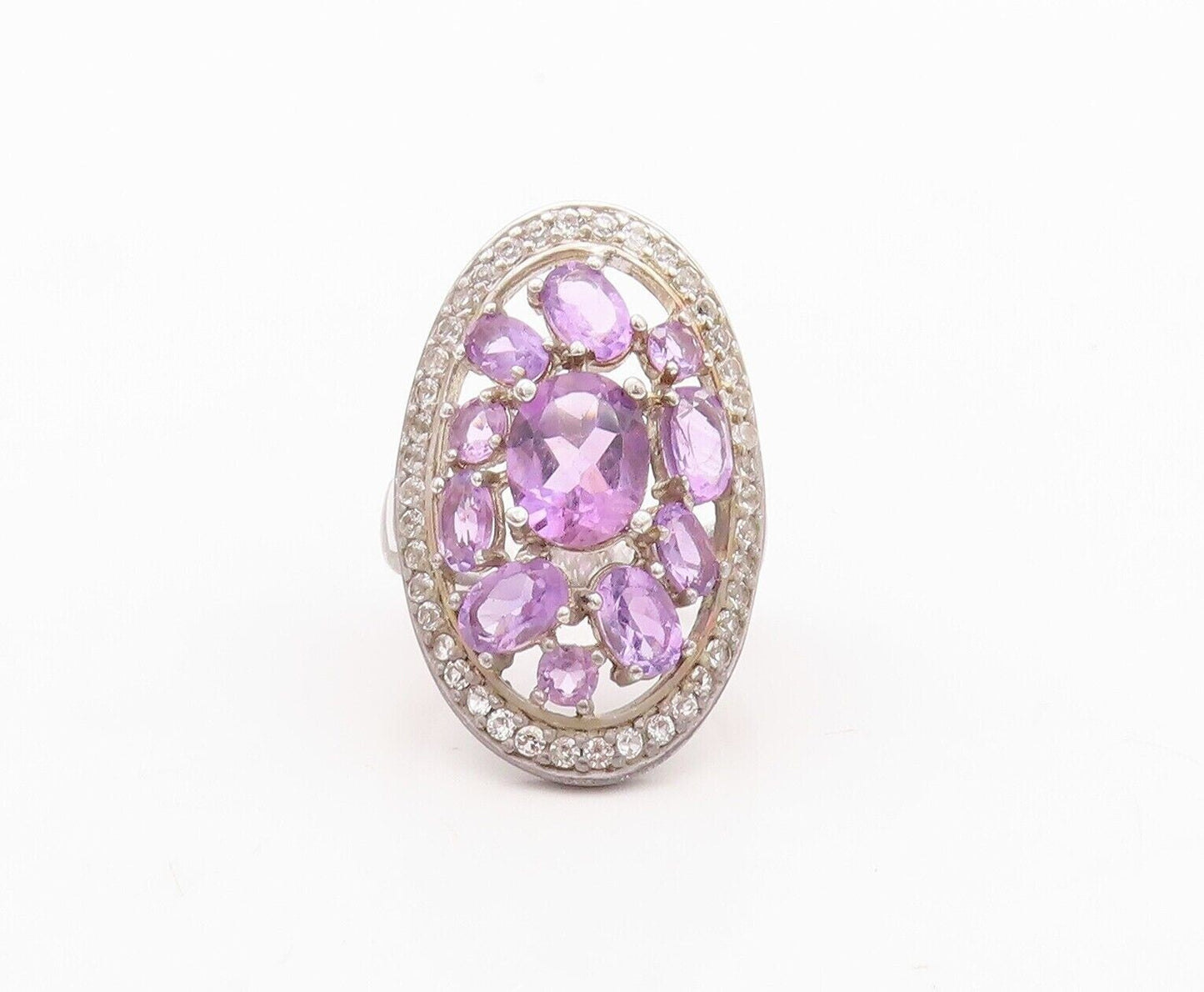 925 Sterling Silver Vintage Ring Oval Cut Amethyst & Topaz Inlay  Sz 7  RG30033
