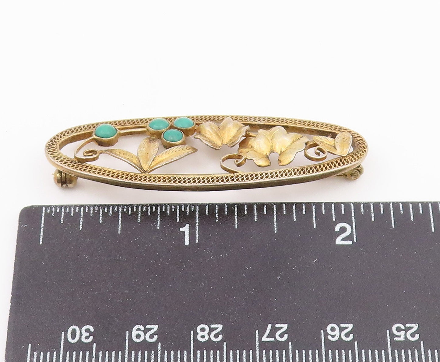 925 Sterling Silver  Vintage Petite Turquoise Floral Leaf Brooch Pin  BP8677