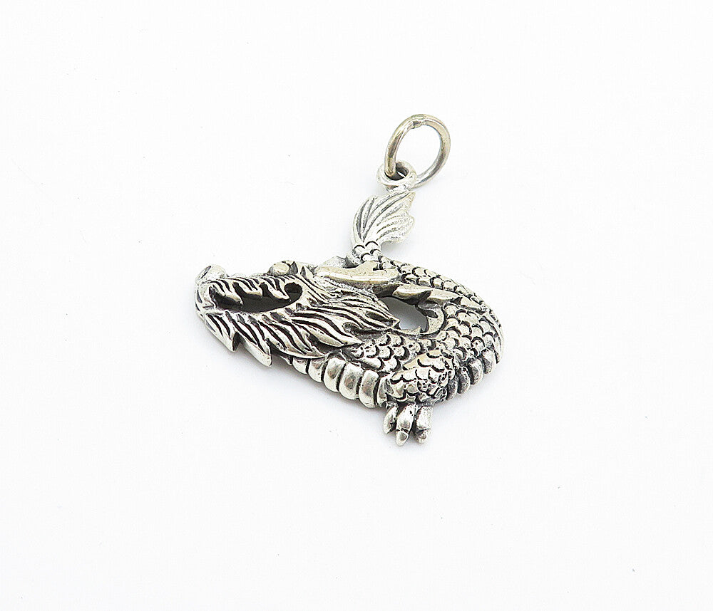 925 Sterling Silver  Vintage Dark Tone Etched Dragon Motif Pendant  PT5485
