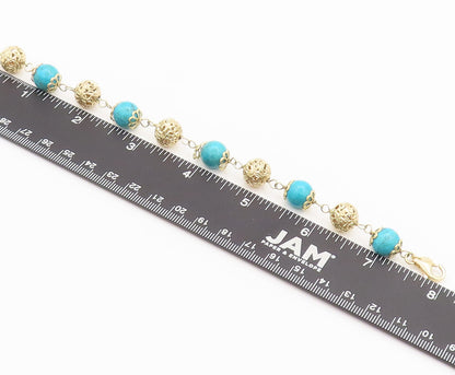 925 Sterling Silver Vintage Bracelet Cabochon Turquoise & Carved Spheres BT10269