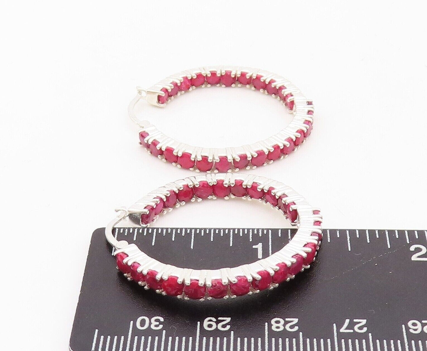 925 Sterling Silver Vintage Earrings Minimalist Ruby Inlay Hoops  EG13153