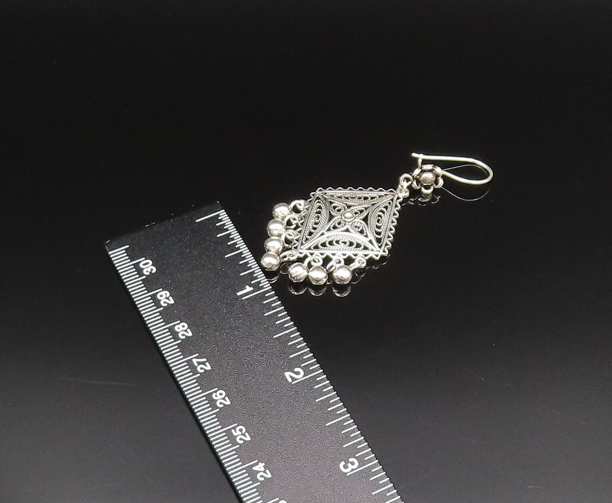925 Sterling Silver  Vintage Wavy Edge Beaded Diamond Shaped Earrings  EG11956