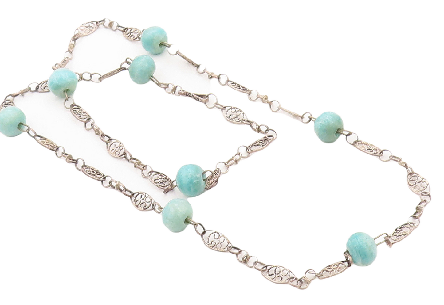 925 Sterling Silver Vintage Necklace Swirly Cutout Gemstone Beads  NE4376
