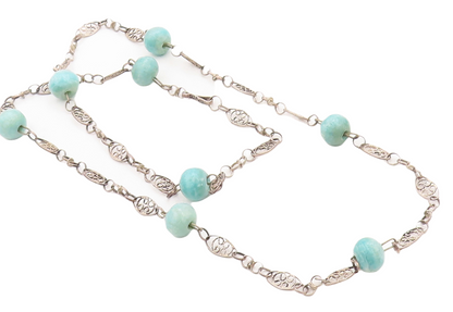 925 Sterling Silver Vintage Necklace Swirly Cutout Gemstone Beads  NE4376