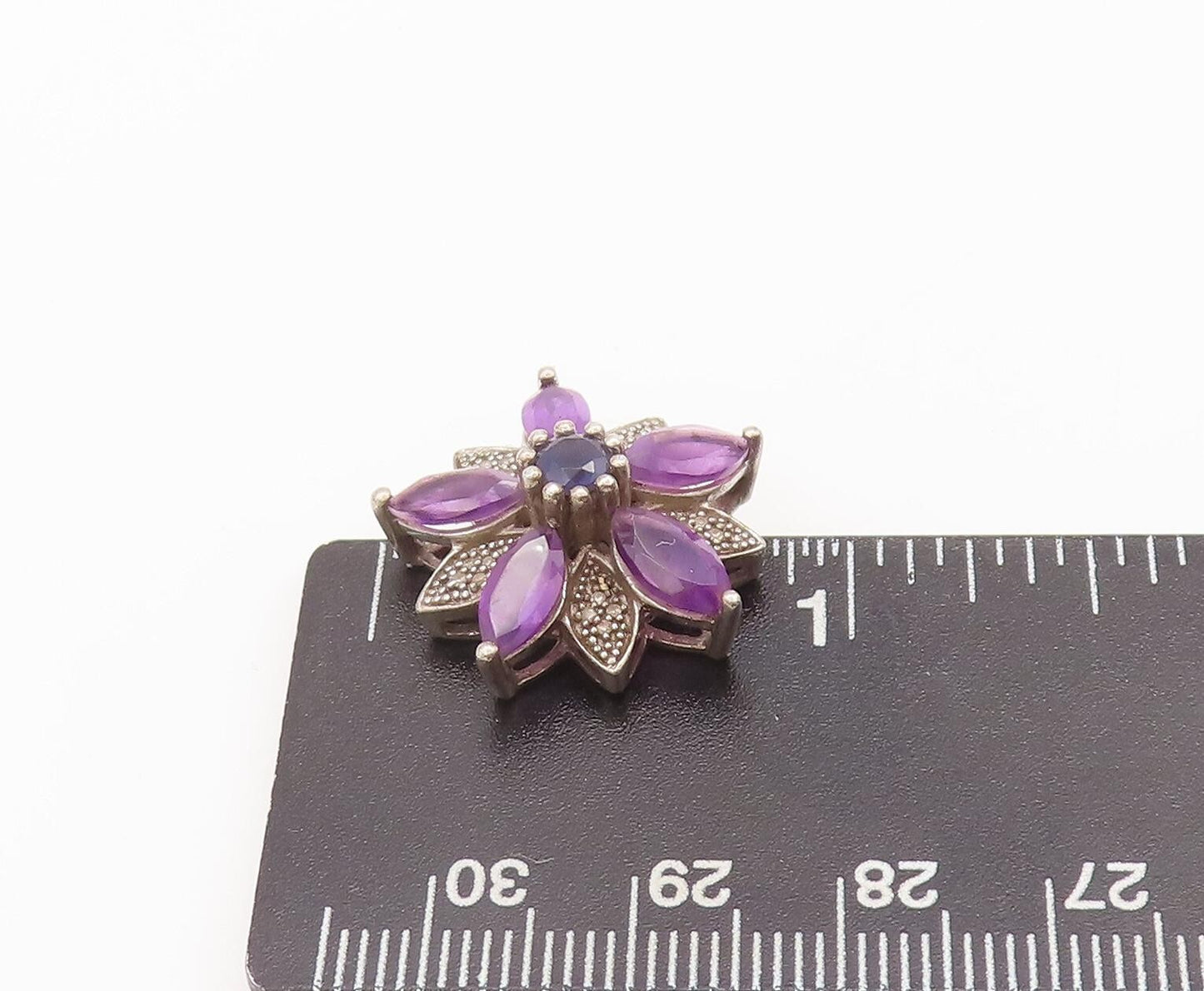 925 Sterling Silver Vintage Pendant Cutout Diamond & Amethyst Flower  PT22728