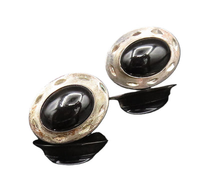 925 Sterling Silver  Vintage Etched Oval Frame Black Onyx Earrings  EG12174