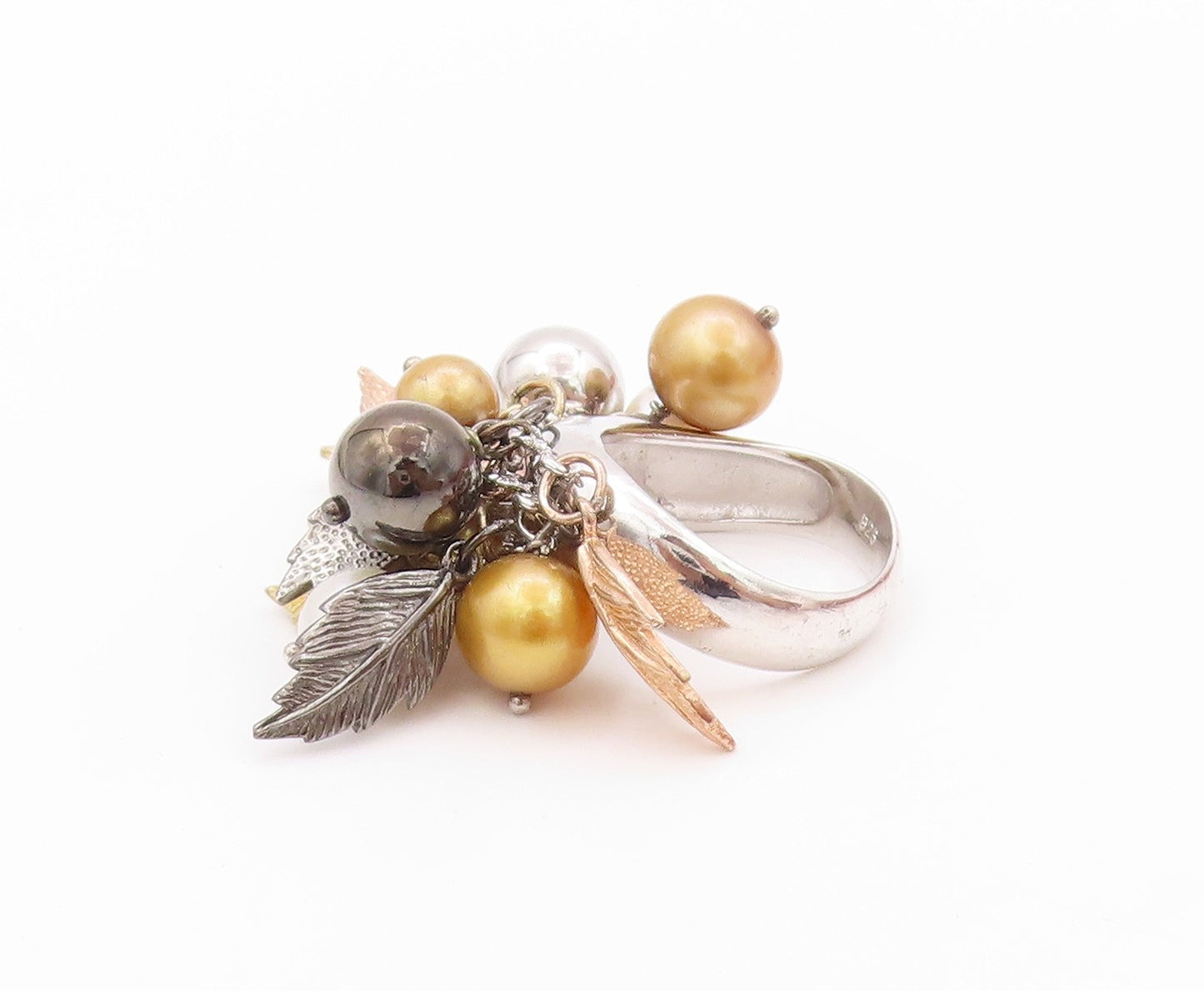 925 Sterling Silver Vintage Ring Modernist Floral Pearls & Beads  Sz 5  RG32437