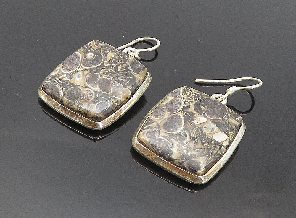 925 Sterling Silver  Vintage Spotted Jasper Square Dangle Earrings  EG3548
