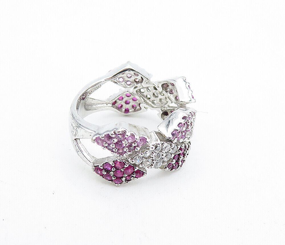 925 Sterling Silver  Pink & White Topaz Patterned Split Band Ring Sz 6  RG5091