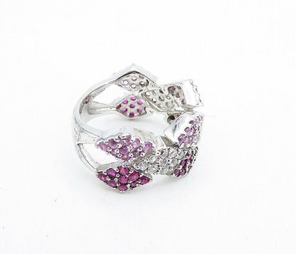 925 Sterling Silver  Pink & White Topaz Patterned Split Band Ring Sz 6  RG5091