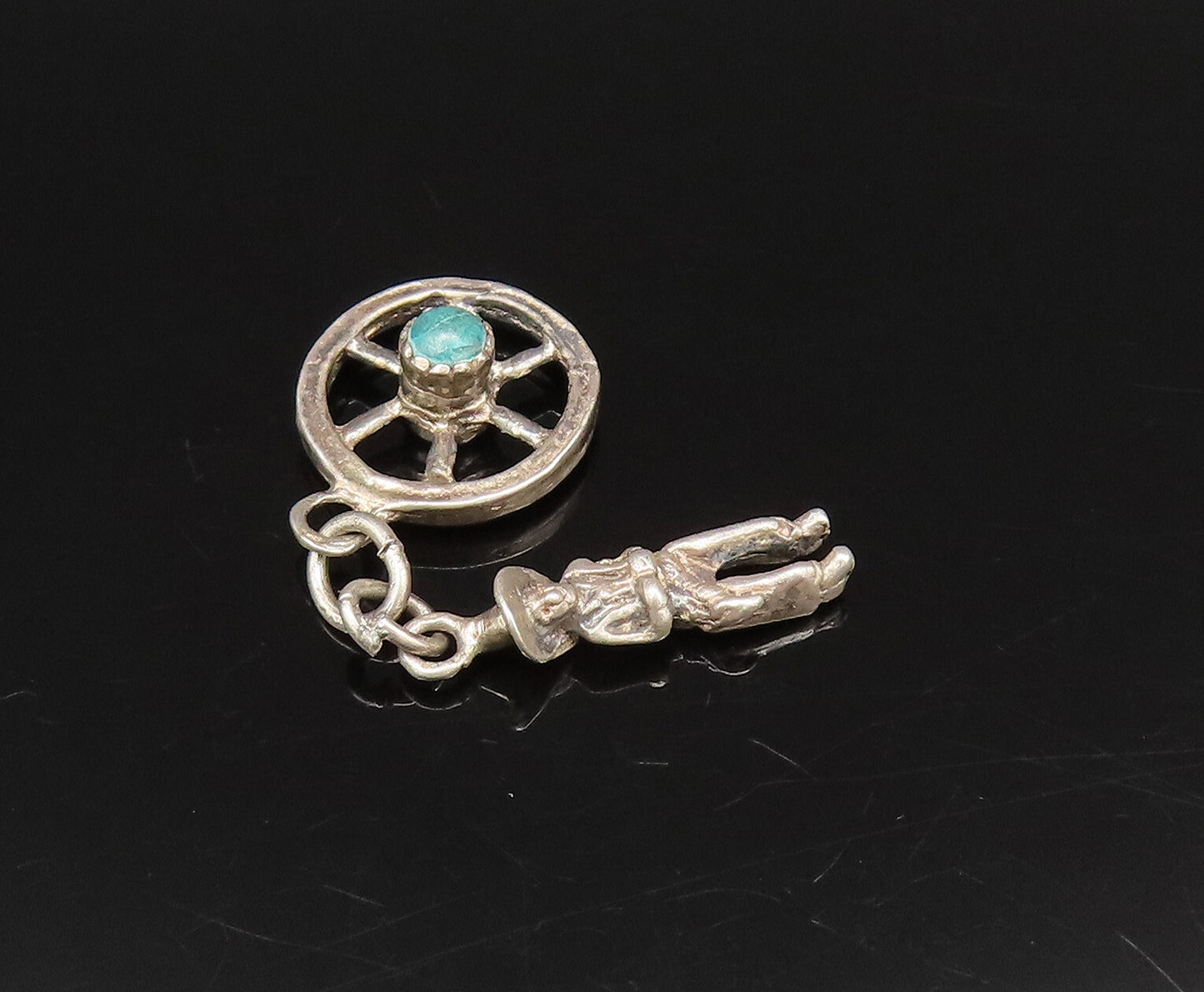 925 Sterling Silver  Vintage Cowboy & Turquoise Wheel Charm Pendant  PT21606