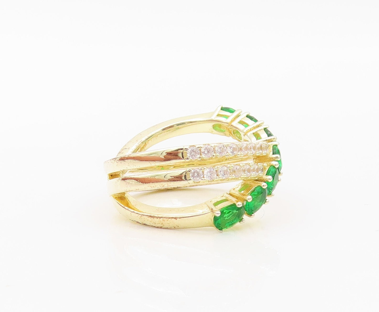 925 Sterling Silver Vintage Ring Gold Plated Green & White CZ  Sz 6.5 RG30478