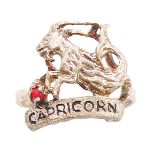 925 Sterling Silver Vintage Ring Capricorn Zodiac Symbol Gemstone  Sz 8  RG32940