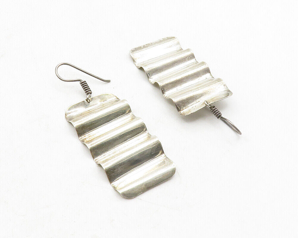 MEXICO 925 Sterling Silver  Vintage Shiny Smooth Wavy Dangle Earrings  EG6644