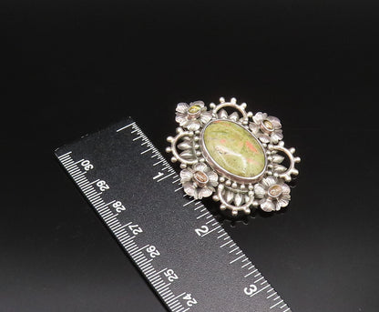 925 Silver  Vintage Cabochon Unakite & Peridot Floral Cluster Pendant  PT21917