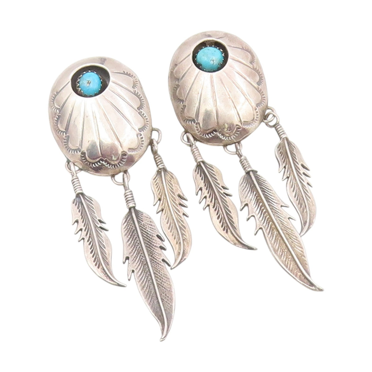 925 Sterling Silver Vintage Earrings NAVAJO Turquoise Concho Feathers  EG13990