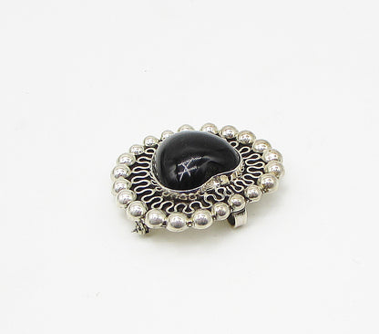 MEXICO 925 Silver Vintage Black Onyx Love Heart Pendant Brooch Pin BP1041
