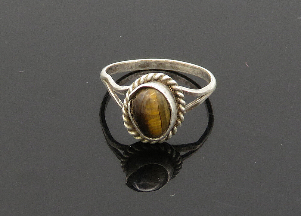 925 Silver  Vintage Cabochon Tiger's Eye Petite Band Ring Sz 4.5  RG20939