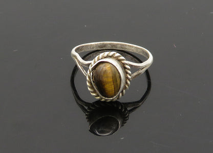 925 Silver  Vintage Cabochon Tiger's Eye Petite Band Ring Sz 4.5  RG20939