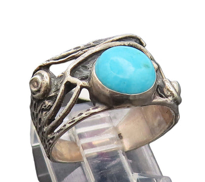 925 Sterling Silver  Vintage Designer Carved Turquoise Ring Sz 6.75  RG26933