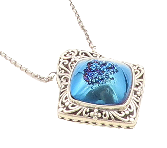 BERIA 925 Silver  Vintage Blue Druzy Stone Floral Swirl Chain Necklace  NE1324