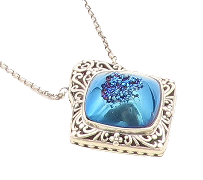 BERIA 925 Silver  Vintage Blue Druzy Stone Floral Swirl Chain Necklace  NE1324