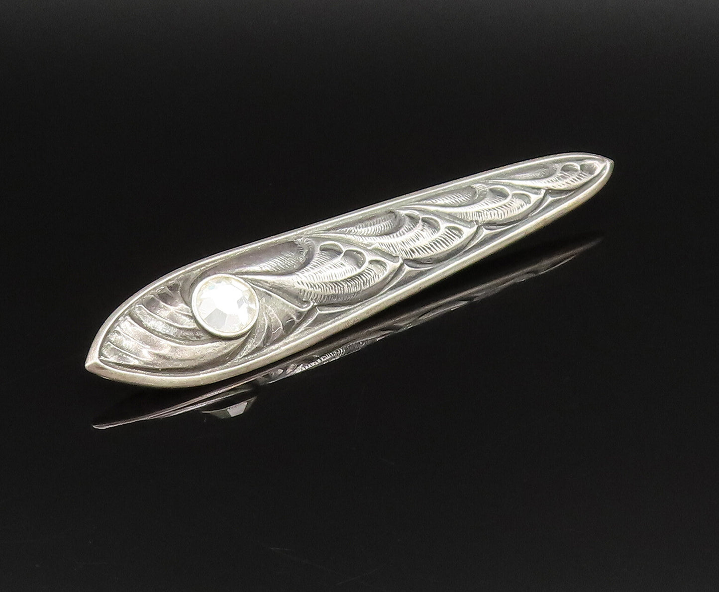 925 Silver  Vintage Inlaid Rhinestone Carved Swirls Linear Brooch Pin  BP9721