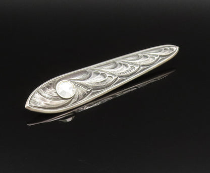 925 Silver  Vintage Inlaid Rhinestone Carved Swirls Linear Brooch Pin  BP9721