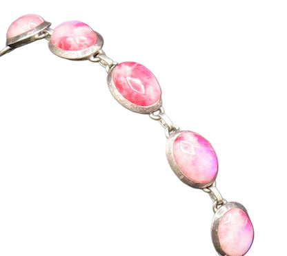 925 Silver  Vintage Unique Cabochon Pink Moonstone Chain Bracelet  BT9763
