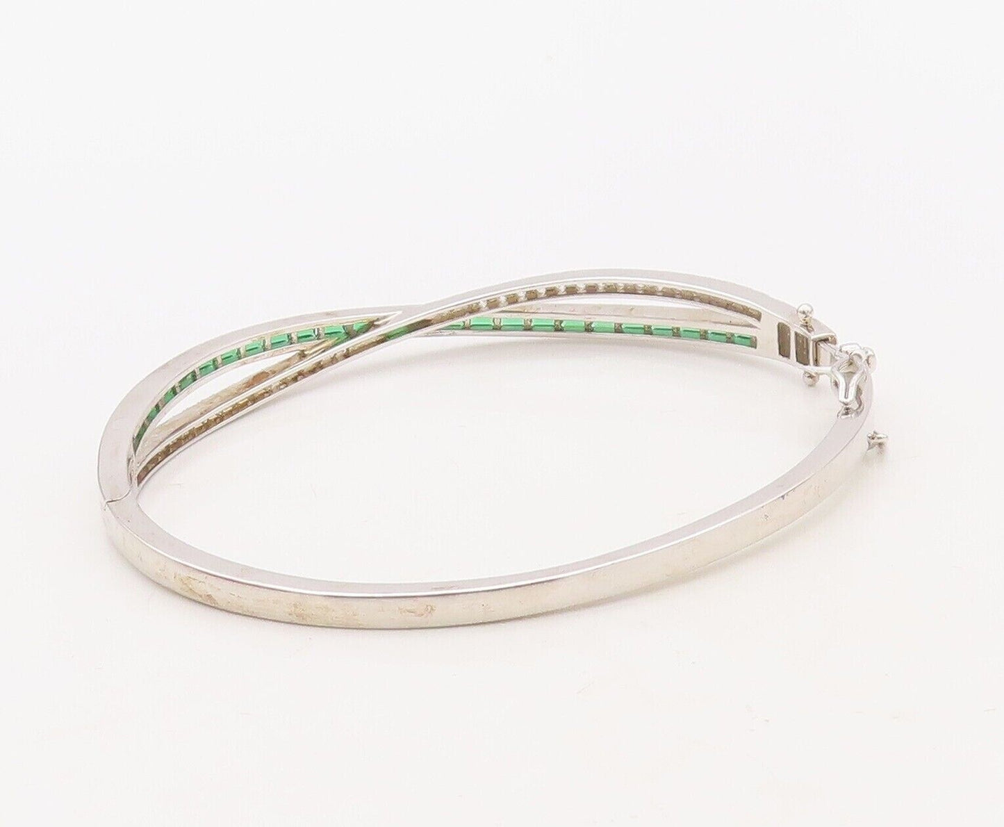 925 Sterling Silver Vintage Bracelet X Cutout Green & White Topaz Bands  BT10717