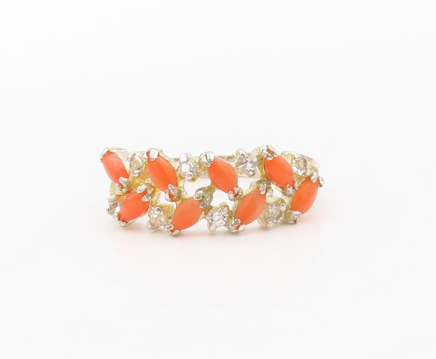 925 Sterling Silver Vintage Ring Marquise Shape Orange Gemstones  Sz 6  RG32077