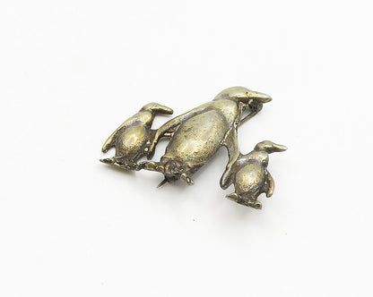 925 Sterling Silver  Vintage Antique Penguin Family Oxidized Brooch Pin BP7371