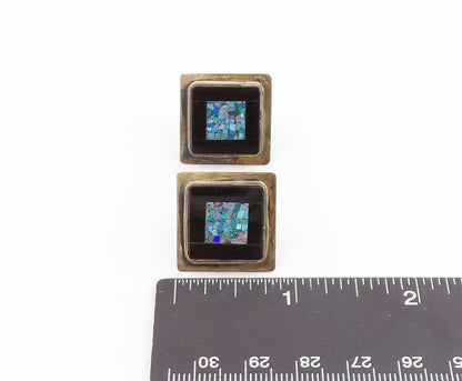 925 Sterling Silver Vintage Earrings Crushed Opal & Onyx Geometric Inlay EG14282