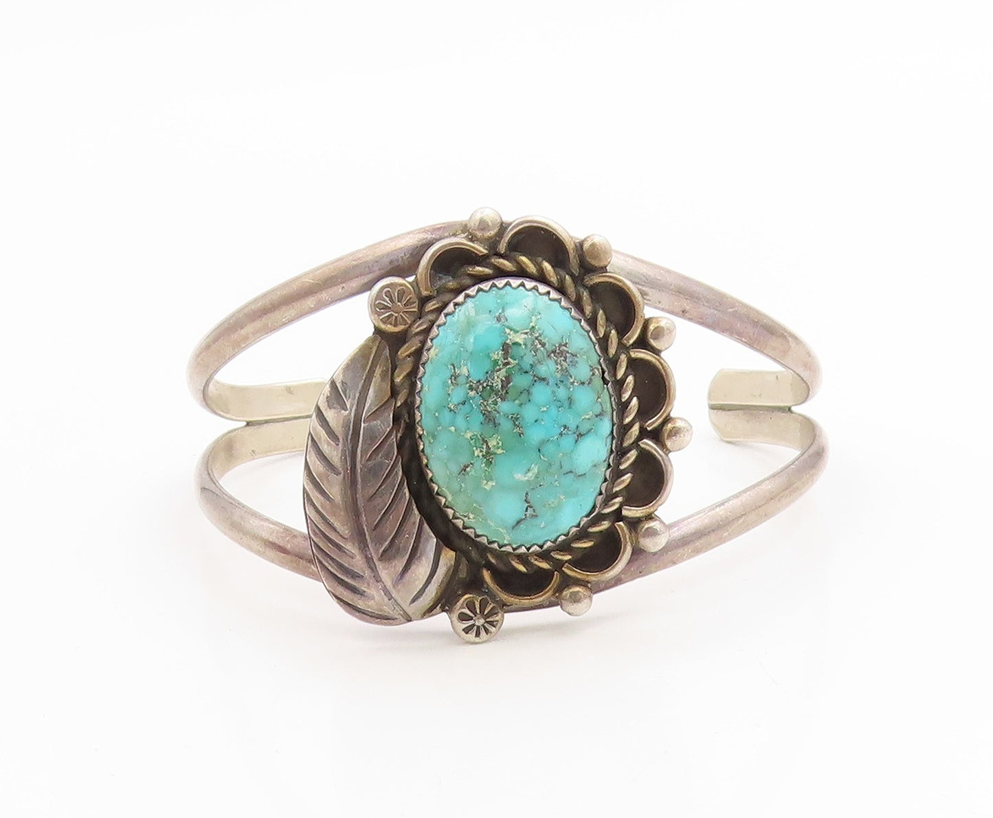 925 Sterling Silver Vintage Bracelet NAVAJO Turquoise Etched Leaf Cuff  BT12000