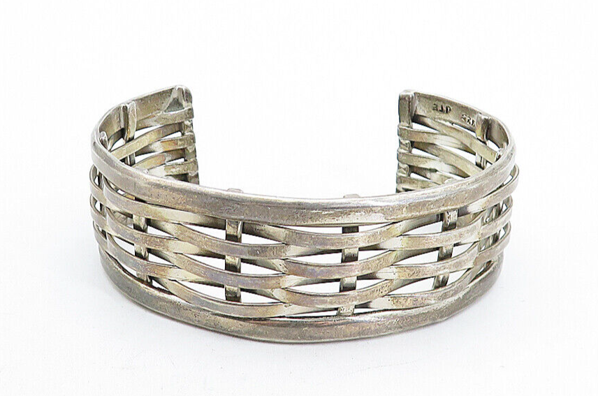 MEXICO 925 Silver  Vintage Dark Tone Basket Weave Design Cuff Bracelet  BT1604
