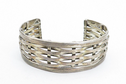 MEXICO 925 Silver  Vintage Dark Tone Basket Weave Design Cuff Bracelet  BT1604