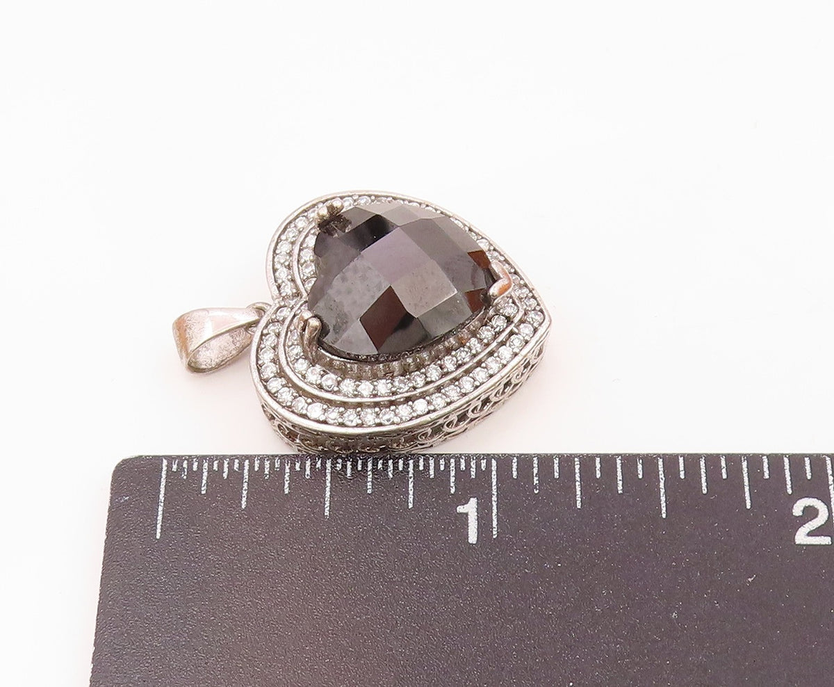 925 Silver  Vintage Hematite & Cubic Zirconia Love Heart Pendant  PT19814