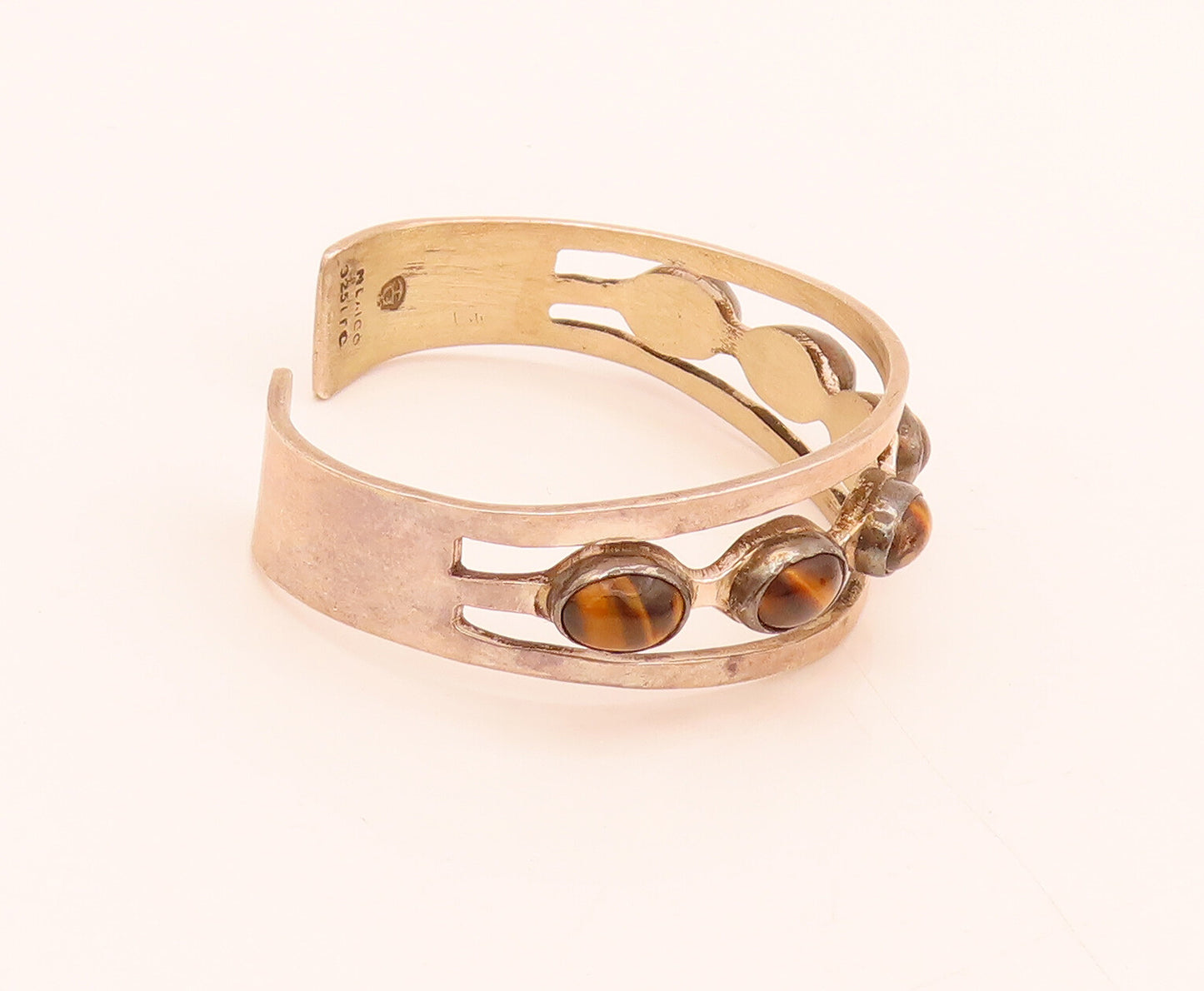 MEXICO 925 Silver  Vintage Tiger's Eye Beaded Spilt Cuff Bracelet  BT10035