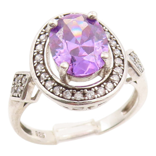925 Sterling Silver Vintage Ring Elegant Amethyst Halo CZ Band  Sz 6  RG35826