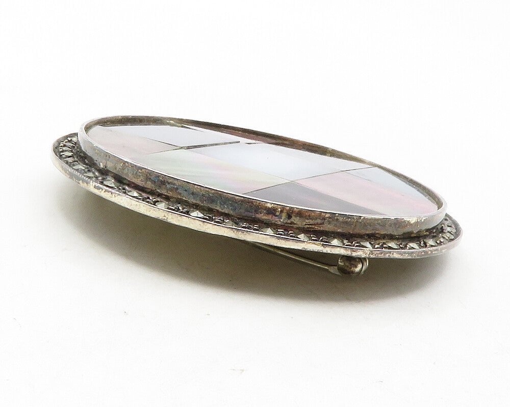 CLARK & COOMBS 925 Silver  Vintage Mother Of Pearl & Abalone Brooch Pin BP4514