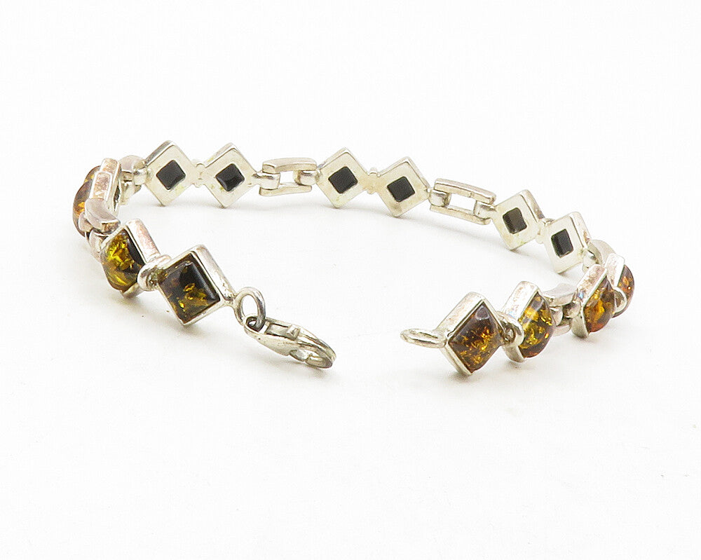 925 Sterling Silver  Vintage Cabochon Amber Hinge Link Chain Bracelet   BT4670