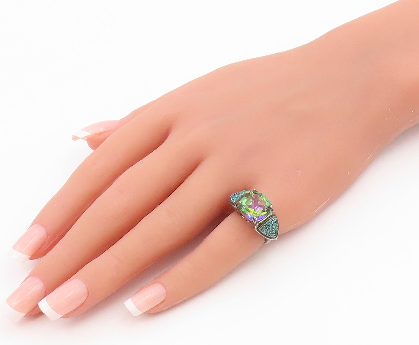925 Sterling Silver Vintage Ring Mystic Topaz & Drusy Quartz Band  Sz 4  RG36501
