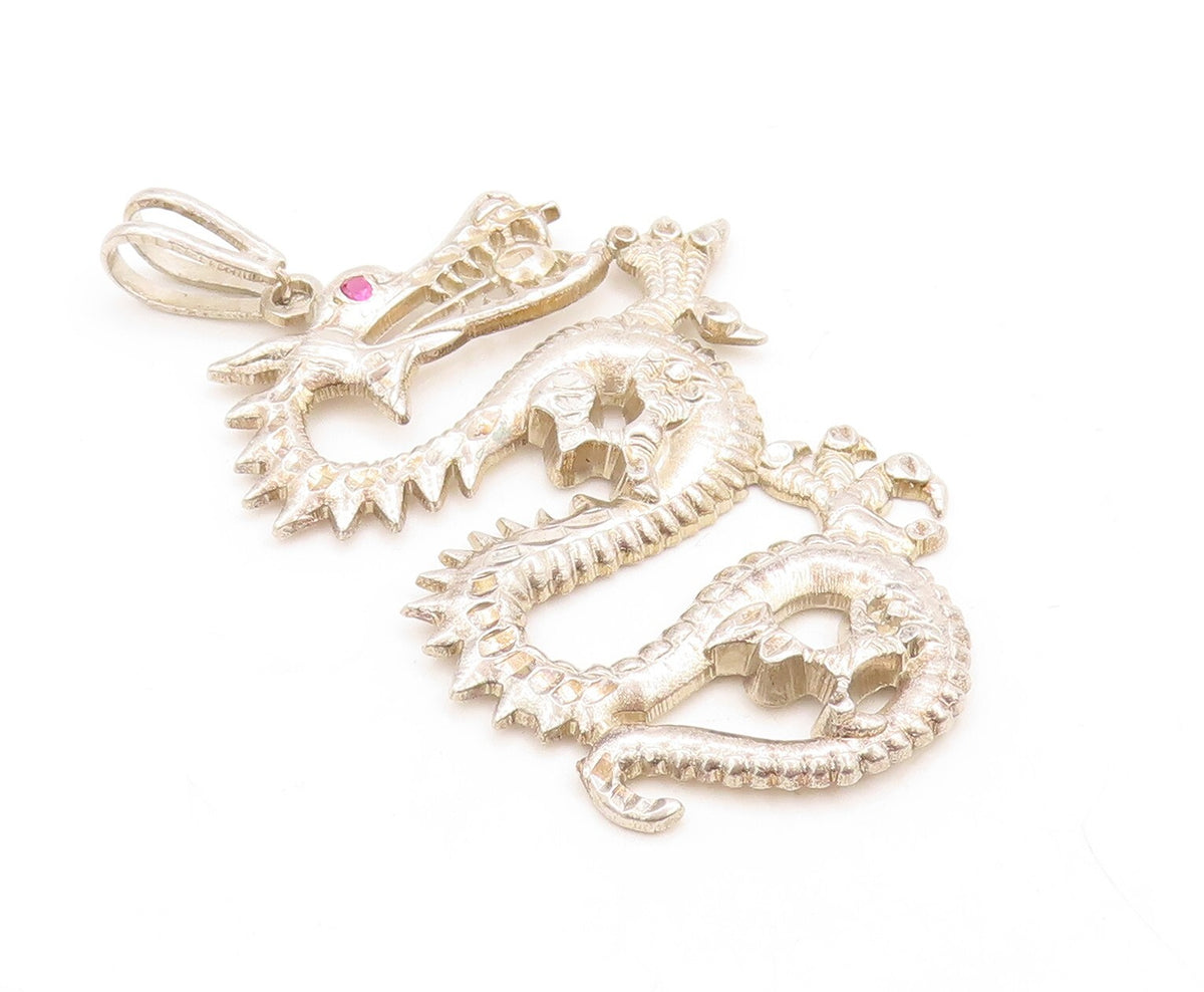 925 Sterling Silver Vintage Pendant Carved Large CZ Eyed Chinese Dragon  PT23812