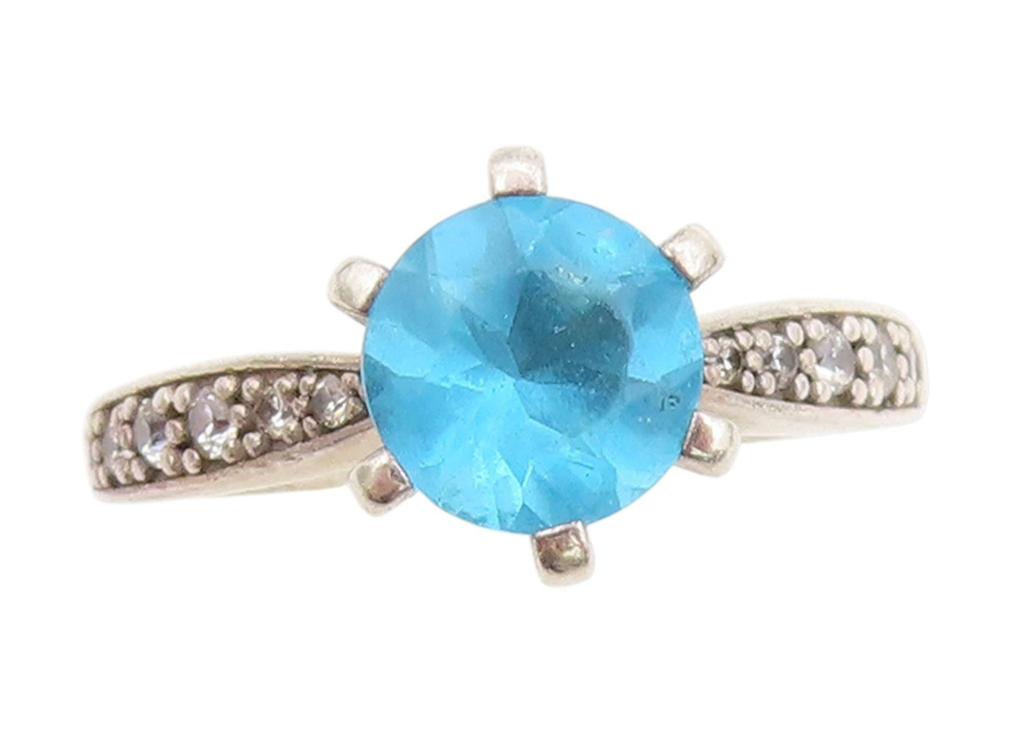 925 Sterling Silver Vintage Ring Round Cut Blue Topaz & CZ Band  Sz 8  RG33996