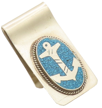 MEXICO 925 Silver  Vintage Crush Turquoise Carved Anchor Money Clip  TR3663