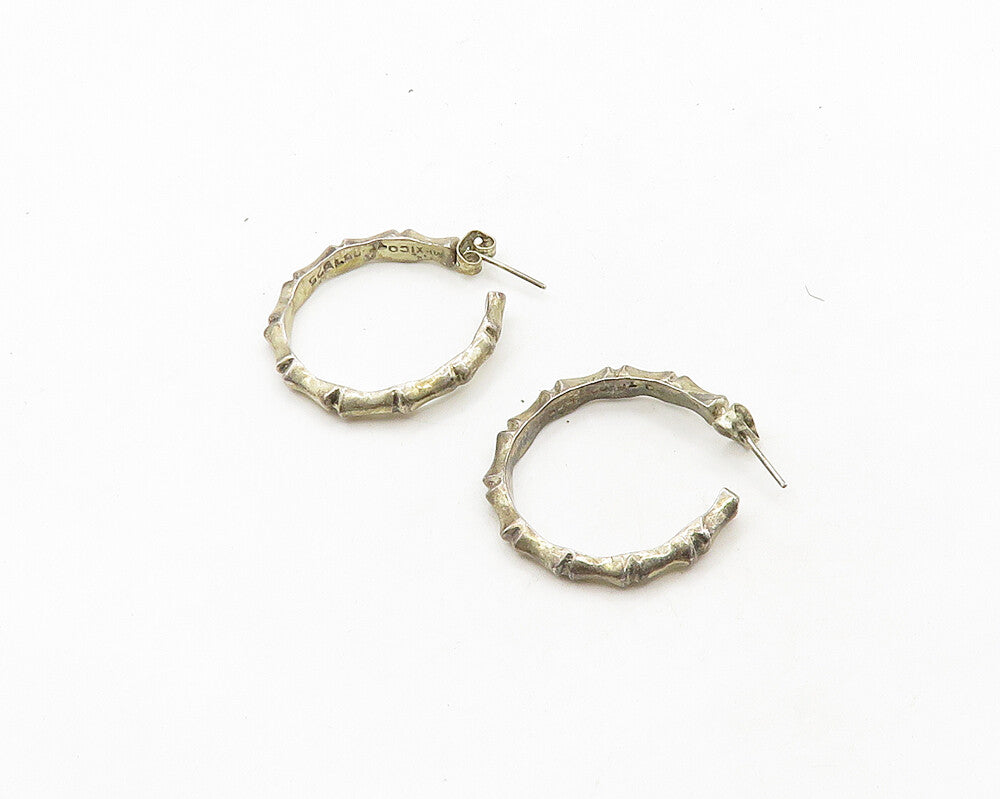 MEXICO 925 Sterling Silver  Vintage Dark Tone Bamboo Hoop Earrings  EG9747