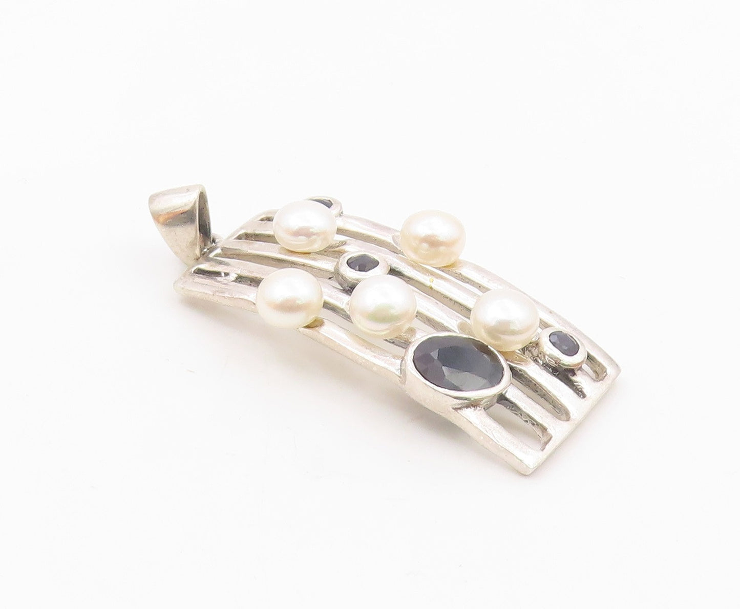 925 Silver  Vintage Cultured Pearls & Black Tourmaline Shiny Pendant  PT19610