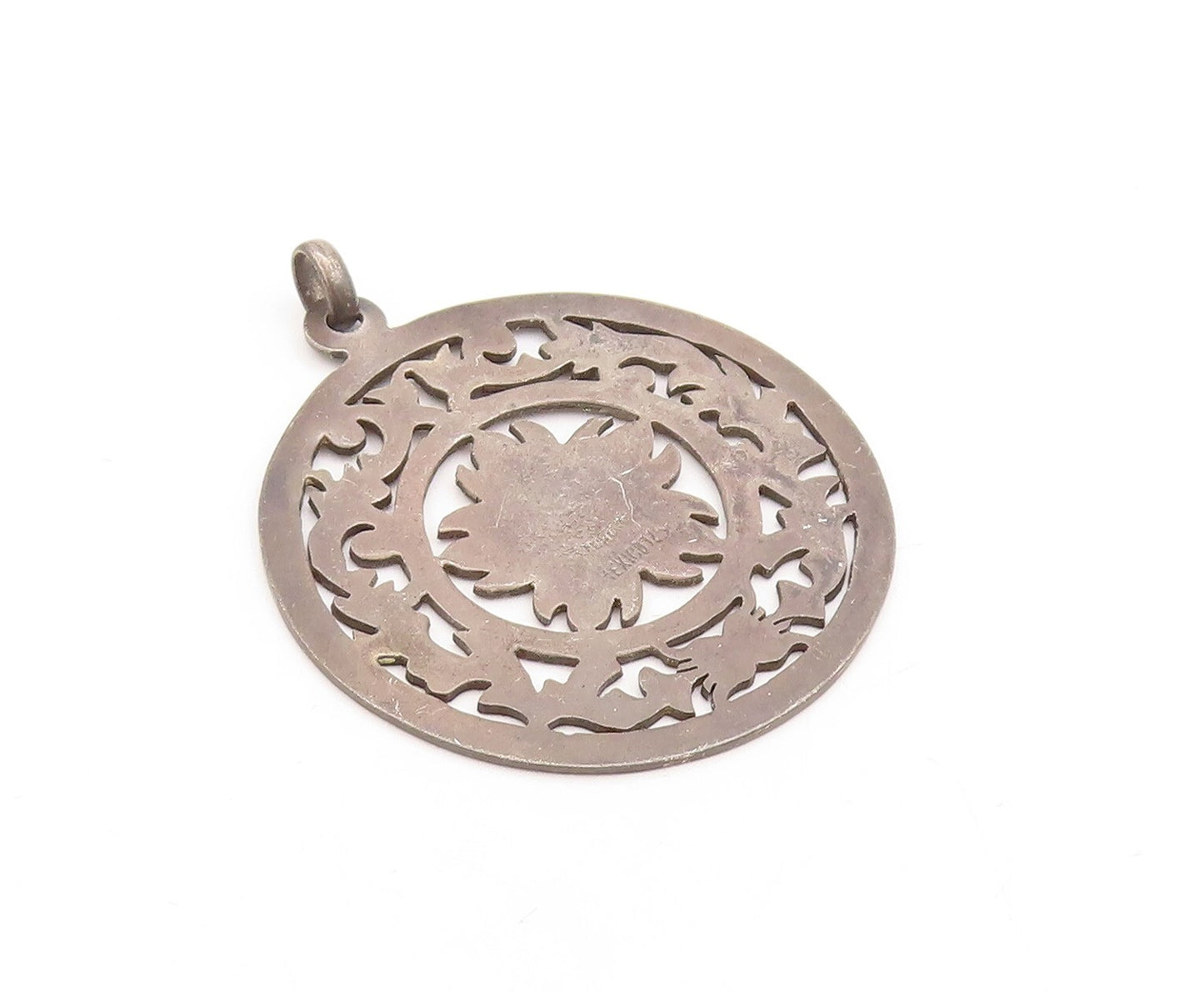 925 Sterling Silver Vintage Pendant MEXICO Dark Tone Floral Cutout  PT23840
