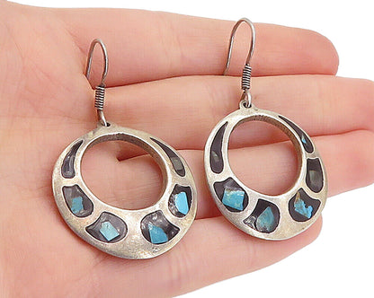 MEXICO 925 Sterling Silver Vintage Turquoise & Black Onyx Earrings EG2890
